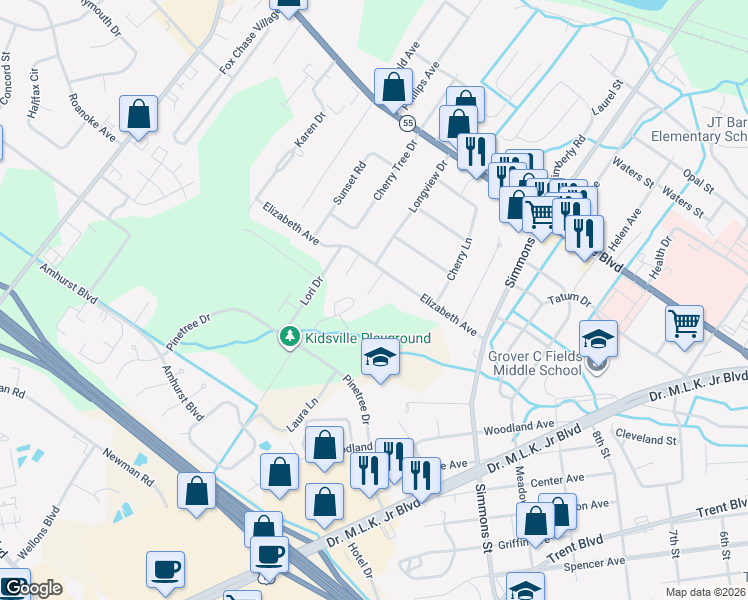 map of restaurants, bars, coffee shops, grocery stores, and more near 904 Lynn Street in New Bern