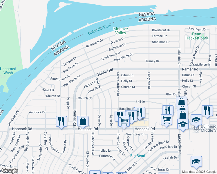 map of restaurants, bars, coffee shops, grocery stores, and more near 665 Holly Street in Bullhead City
