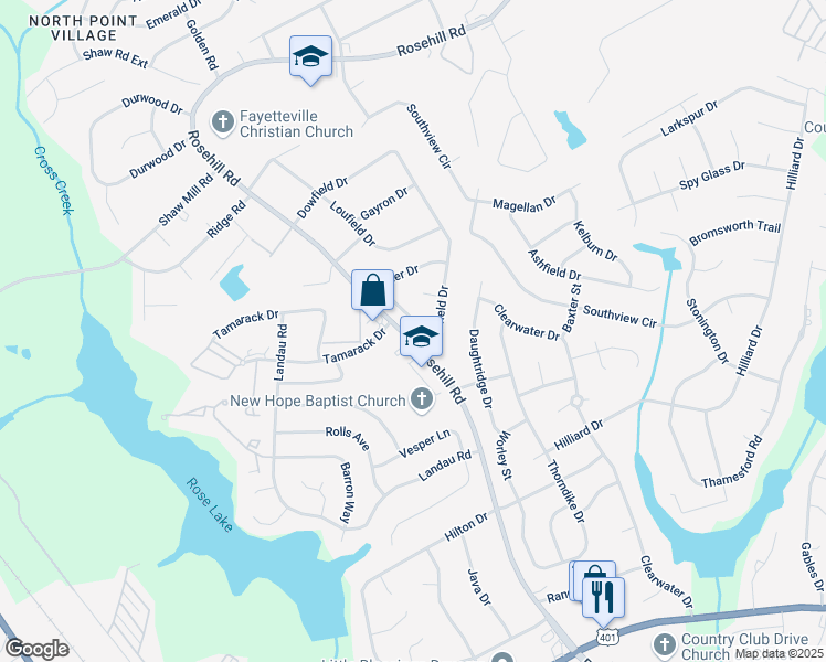 map of restaurants, bars, coffee shops, grocery stores, and more near 621 Dowfield Drive in Fayetteville