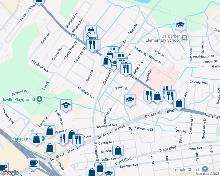 map of restaurants, bars, coffee shops, grocery stores, and more near 1103 Newton Drive in New Bern