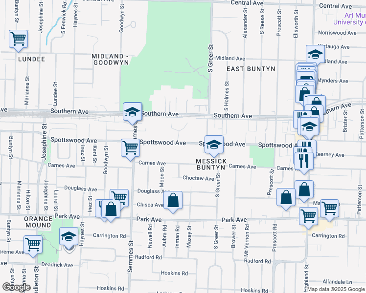 map of restaurants, bars, coffee shops, grocery stores, and more near 3160 Spottswood Avenue in Memphis