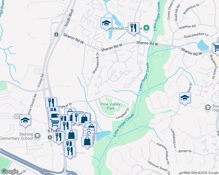 map of restaurants, bars, coffee shops, grocery stores, and more near 8212 Knights Bridge Road in Charlotte