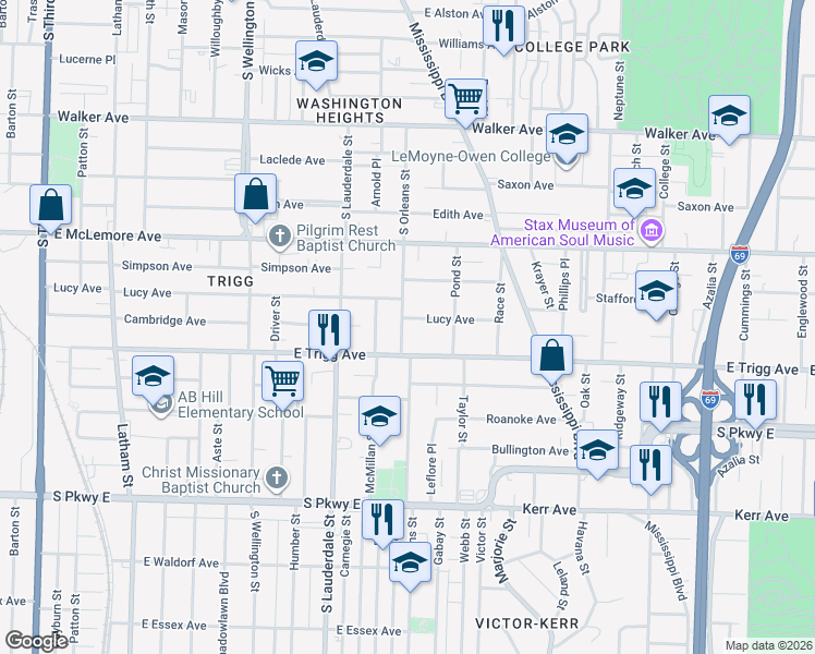 map of restaurants, bars, coffee shops, grocery stores, and more near 654 Lucy Avenue in Memphis