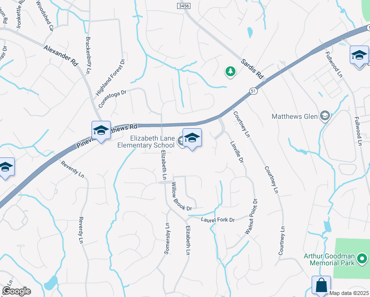 map of restaurants, bars, coffee shops, grocery stores, and more near 121 Elizabeth Lane in Matthews