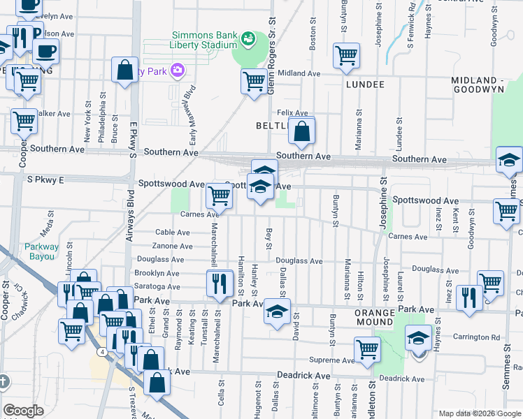 map of restaurants, bars, coffee shops, grocery stores, and more near 680 Hanley Street in Memphis