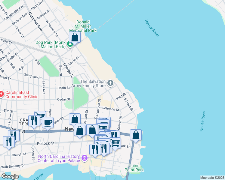 map of restaurants, bars, coffee shops, grocery stores, and more near 710 Craven Street in New Bern