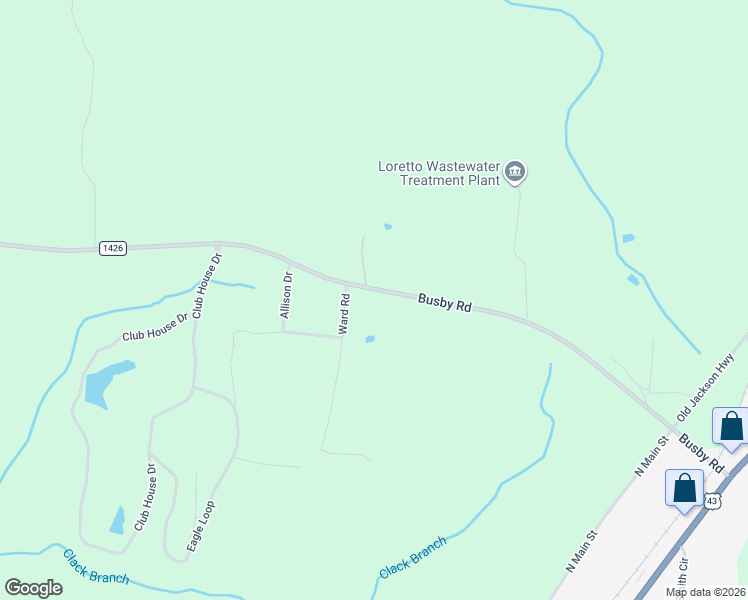 map of restaurants, bars, coffee shops, grocery stores, and more near 99 Busby Road in Loretto