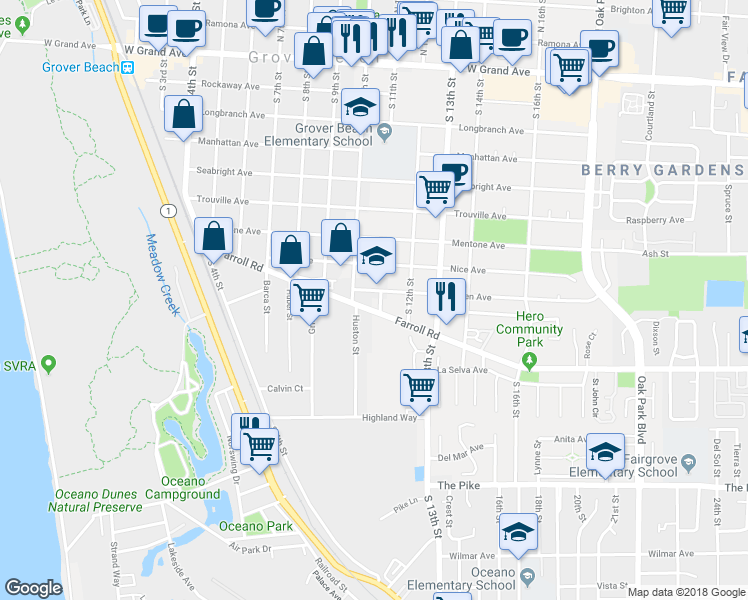 map of restaurants, bars, coffee shops, grocery stores, and more near in Grover Beach