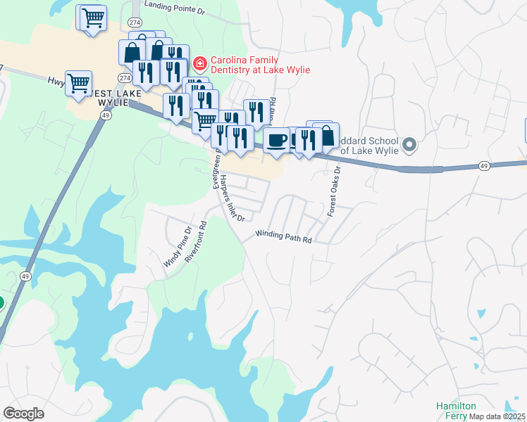 map of restaurants, bars, coffee shops, grocery stores, and more near 2052 Shady Pond Drive in Clover