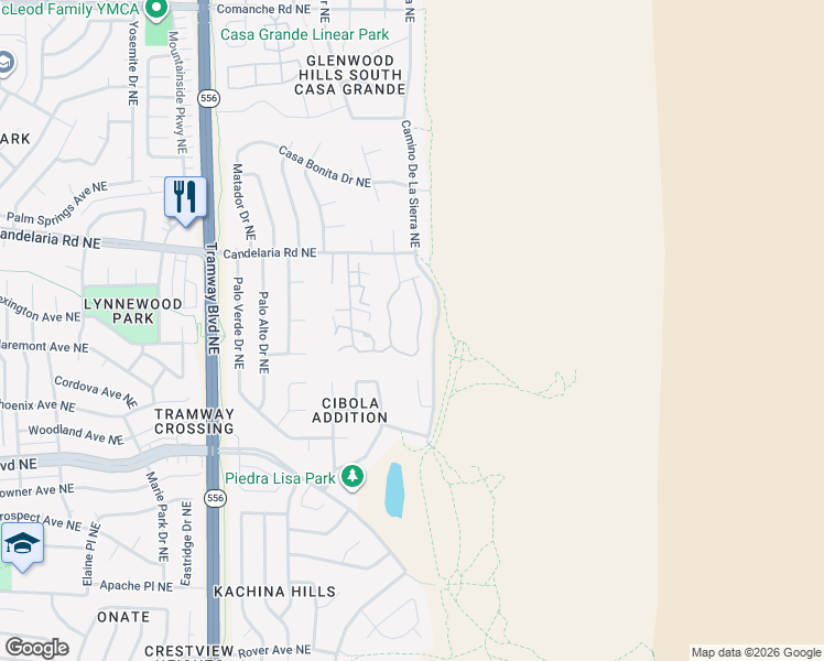 map of restaurants, bars, coffee shops, grocery stores, and more near 2900 Vista Del Rey Northeast in Albuquerque