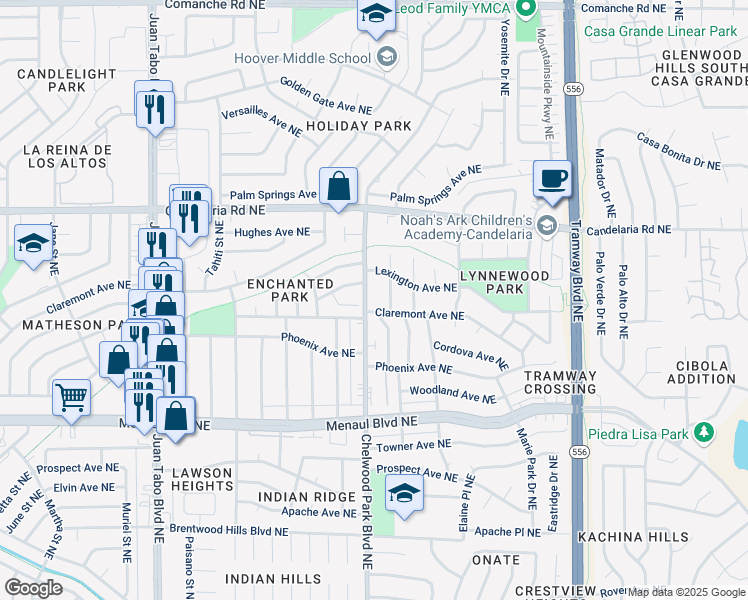 map of restaurants, bars, coffee shops, grocery stores, and more near 2612 Chelwood Park Boulevard Northeast in Albuquerque