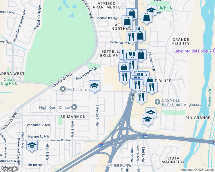 map of restaurants, bars, coffee shops, grocery stores, and more near 5901 Ouray Road Northwest in Albuquerque