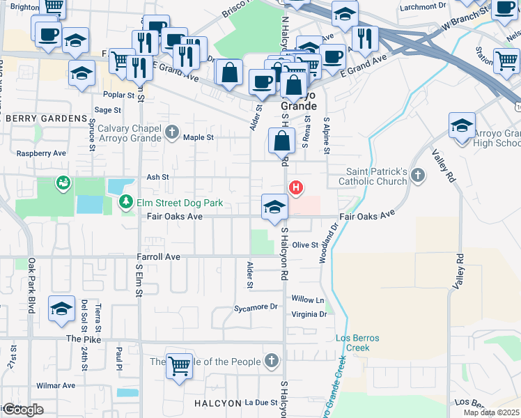 map of restaurants, bars, coffee shops, grocery stores, and more near 354 South Halcyon Road in Arroyo Grande