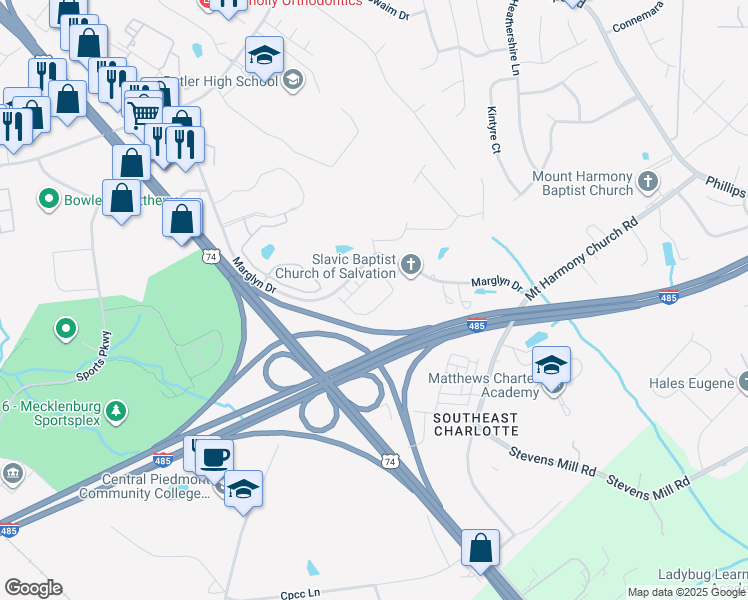 map of restaurants, bars, coffee shops, grocery stores, and more near 1748 Marglyn Drive in Matthews
