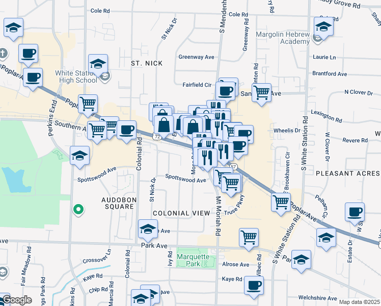 map of restaurants, bars, coffee shops, grocery stores, and more near in Memphis