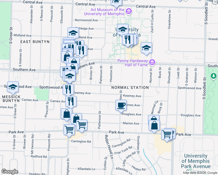 map of restaurants, bars, coffee shops, grocery stores, and more near 3670 Spottswood Avenue in Memphis