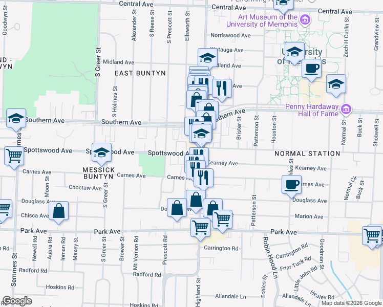map of restaurants, bars, coffee shops, grocery stores, and more near 663 South Highland Street in Memphis