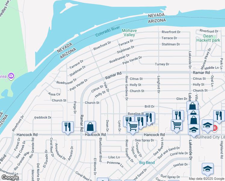 map of restaurants, bars, coffee shops, grocery stores, and more near 665 Holly Street in Bullhead City