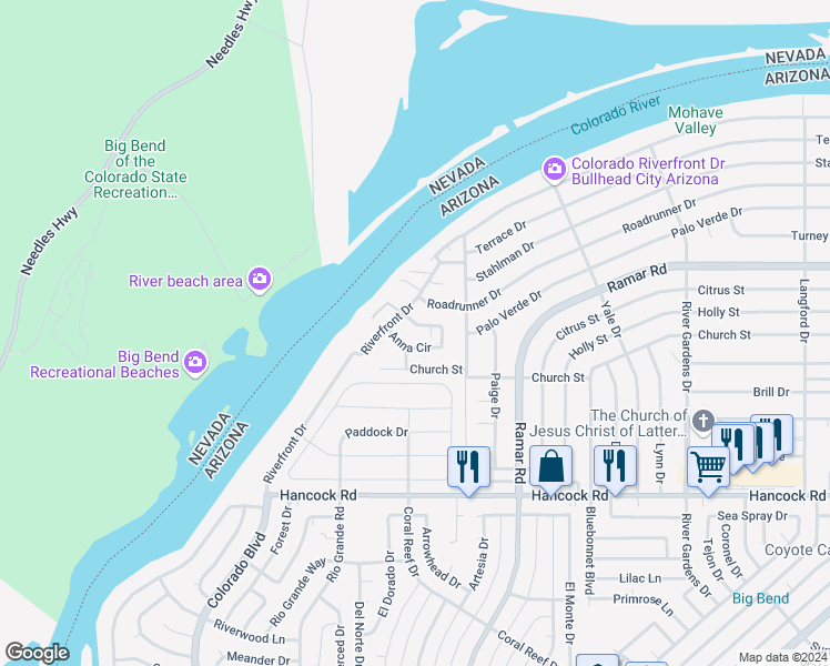 map of restaurants, bars, coffee shops, grocery stores, and more near 364 Anna Circle in Bullhead City