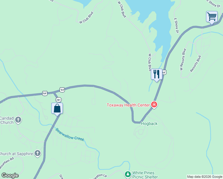 map of restaurants, bars, coffee shops, grocery stores, and more near 17450 Rosman Highway in Lake Toxaway