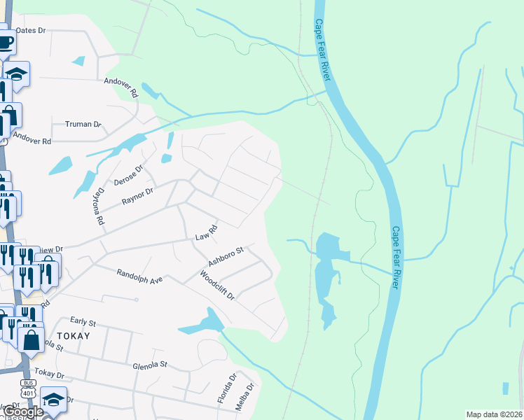 map of restaurants, bars, coffee shops, grocery stores, and more near 804 Longview Dr Exd in Fayetteville