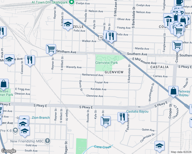 map of restaurants, bars, coffee shops, grocery stores, and more near 1734 Netherwood Avenue in Memphis