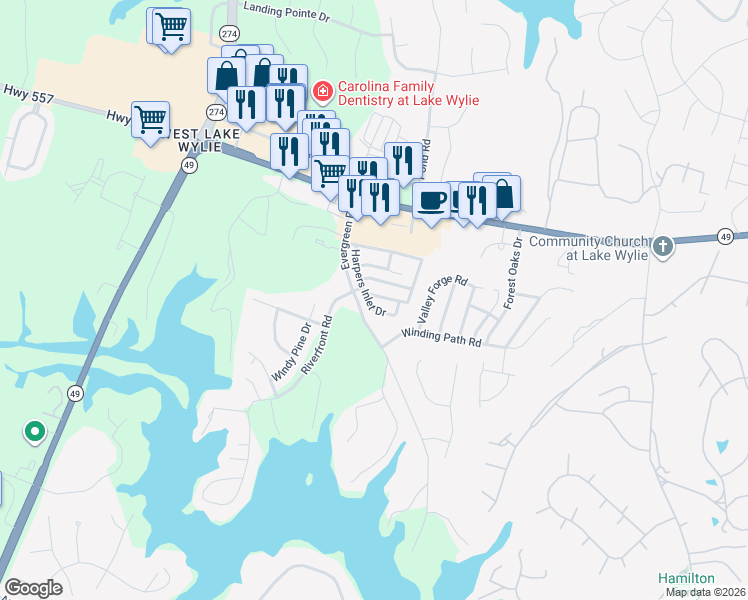 map of restaurants, bars, coffee shops, grocery stores, and more near 1460 Harpers Inlet Drive in Clover