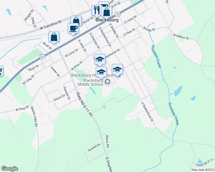 map of restaurants, bars, coffee shops, grocery stores, and more near 101 London Street in Blacksburg