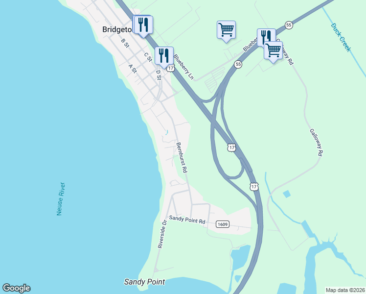 map of restaurants, bars, coffee shops, grocery stores, and more near 118 Bernhurst Road in New Bern