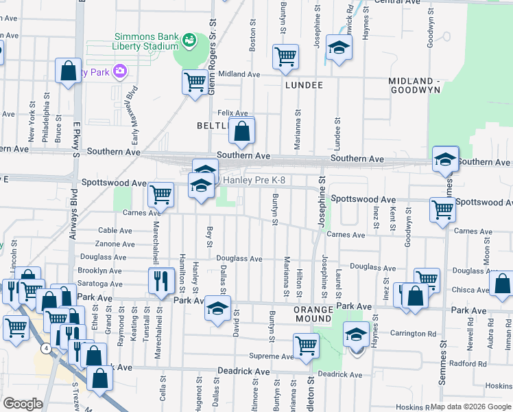 map of restaurants, bars, coffee shops, grocery stores, and more near 677 Baltimore Street in Memphis