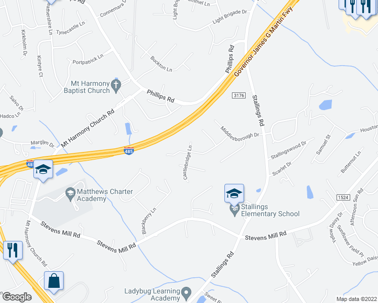 map of restaurants, bars, coffee shops, grocery stores, and more near Castlebridge Ln & Cameron Commons Way in Matthews