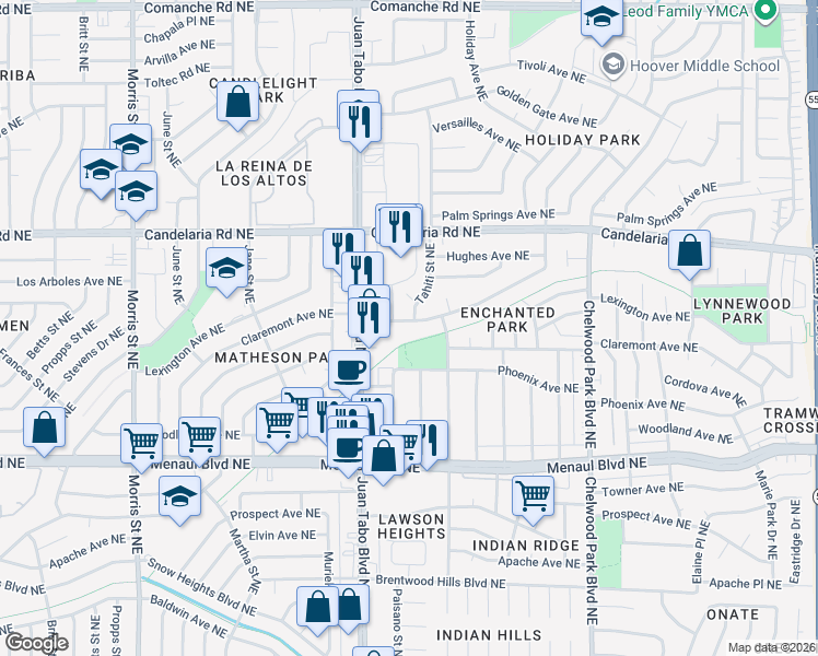 map of restaurants, bars, coffee shops, grocery stores, and more near 11409 Lexington Avenue Northeast in Albuquerque