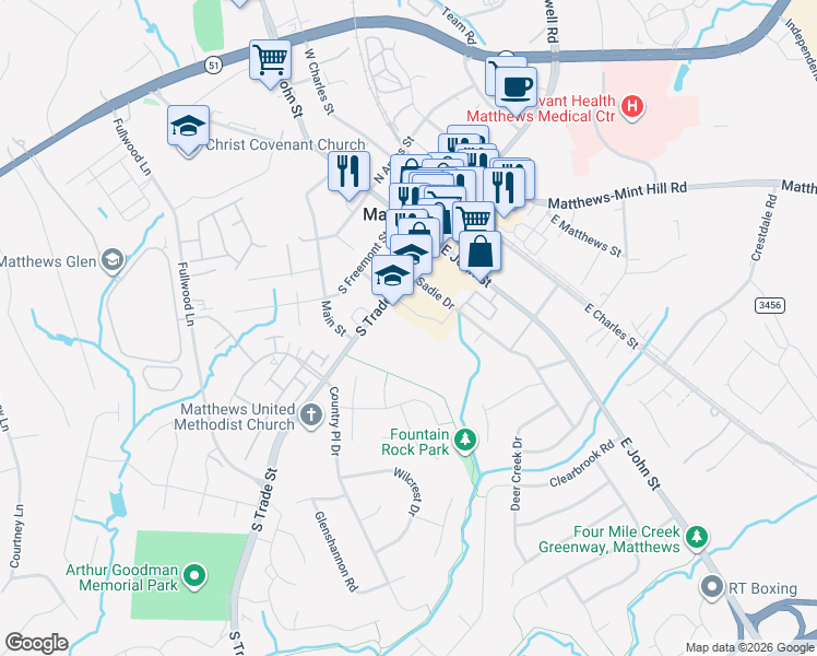 map of restaurants, bars, coffee shops, grocery stores, and more near 200 McDowell Street in Matthews
