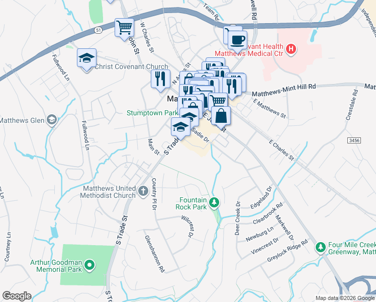 map of restaurants, bars, coffee shops, grocery stores, and more near 200 McDowell Street in Matthews
