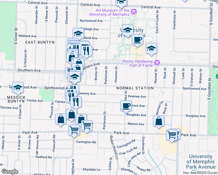 map of restaurants, bars, coffee shops, grocery stores, and more near 3645 Spottswood Avenue in Memphis