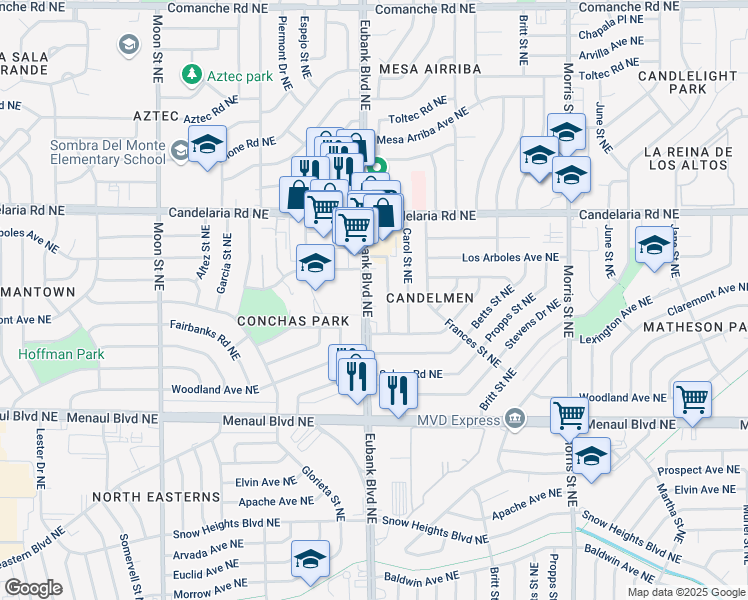 map of restaurants, bars, coffee shops, grocery stores, and more near 2612 Eubank Boulevard Northeast in Albuquerque