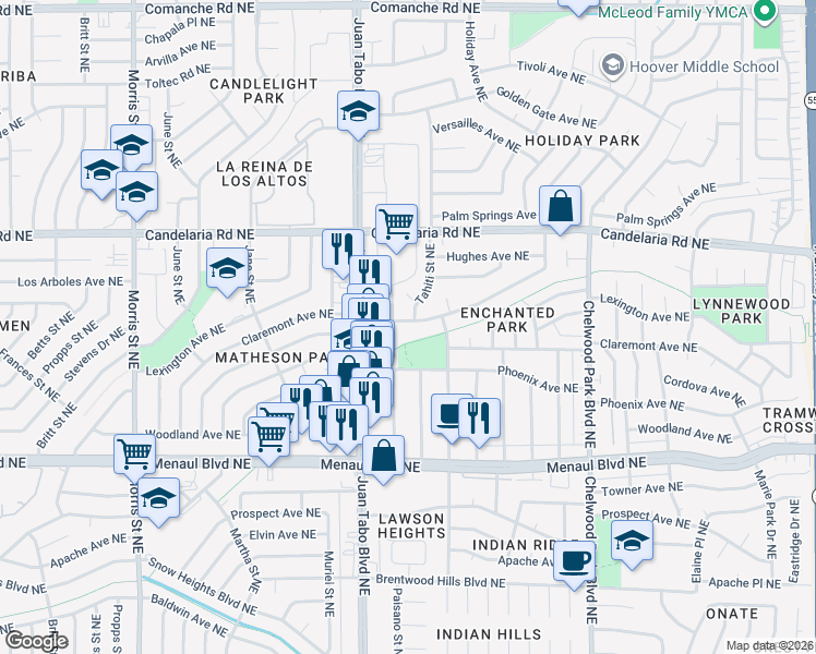 map of restaurants, bars, coffee shops, grocery stores, and more near 11409 Lexington Avenue Northeast in Albuquerque