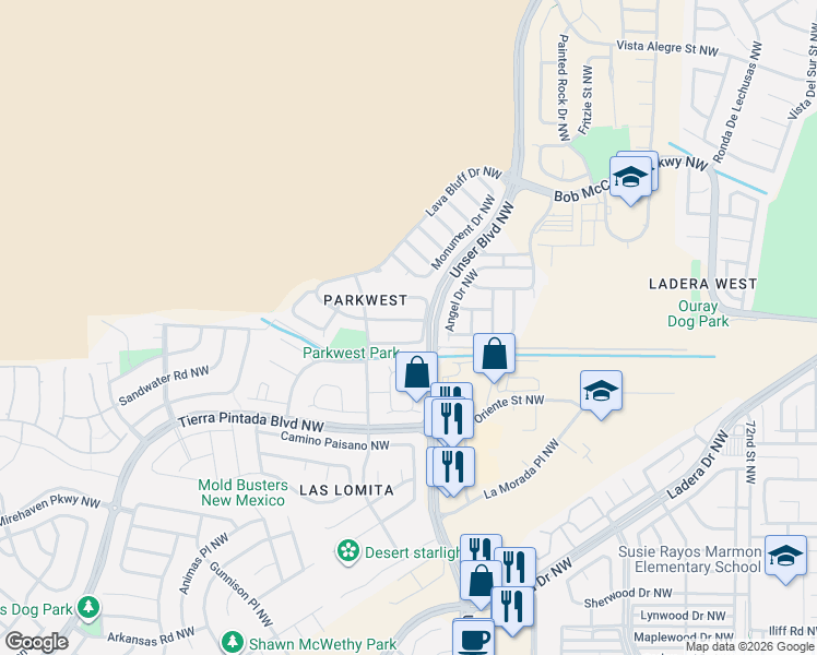 map of restaurants, bars, coffee shops, grocery stores, and more near 8019 Creekwood Avenue Northwest in Albuquerque
