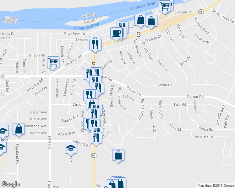 map of restaurants, bars, coffee shops, grocery stores, and more near 1571 Monte Vista Drive in Bullhead City