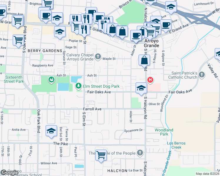 map of restaurants, bars, coffee shops, grocery stores, and more near 365 Walnut Street in Arroyo Grande