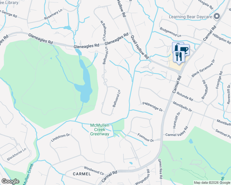 map of restaurants, bars, coffee shops, grocery stores, and more near 7401 Baltusrol Ln in Charlotte