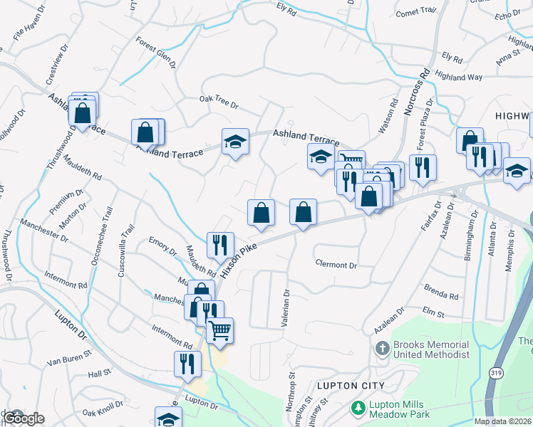 map of restaurants, bars, coffee shops, grocery stores, and more near 3808 Jarren Court in Chattanooga