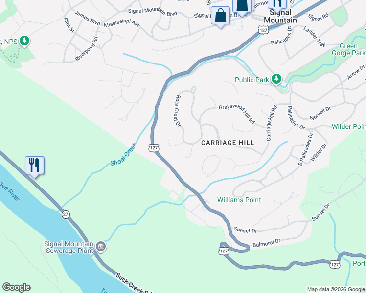 map of restaurants, bars, coffee shops, grocery stores, and more near 4 Stonepoint Lane in Signal Mountain