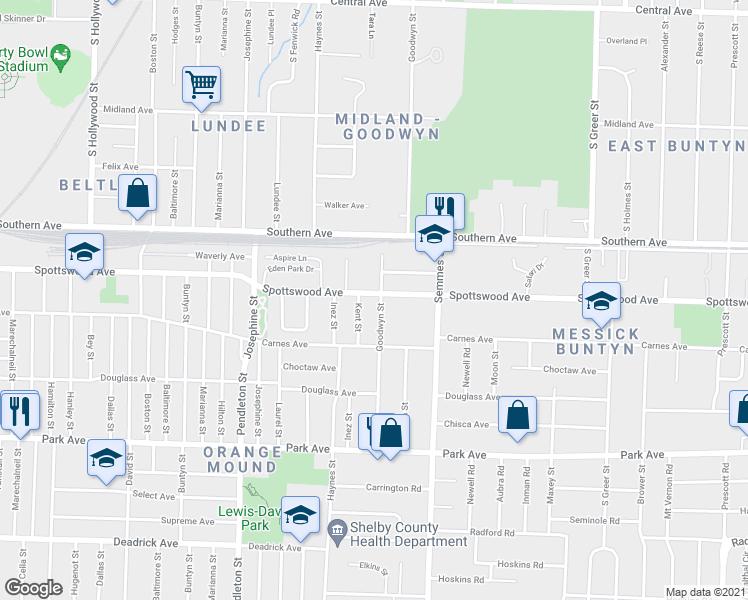 map of restaurants, bars, coffee shops, grocery stores, and more near 2953 Spottswood Avenue in Memphis