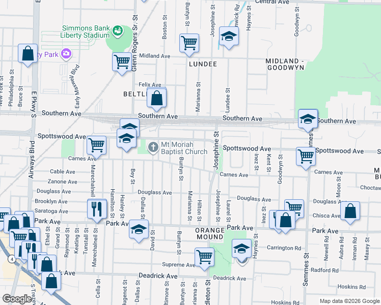 map of restaurants, bars, coffee shops, grocery stores, and more near 677 Marianna Street in Memphis