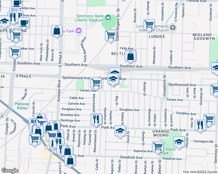 map of restaurants, bars, coffee shops, grocery stores, and more near 685 Hanley Street in Memphis