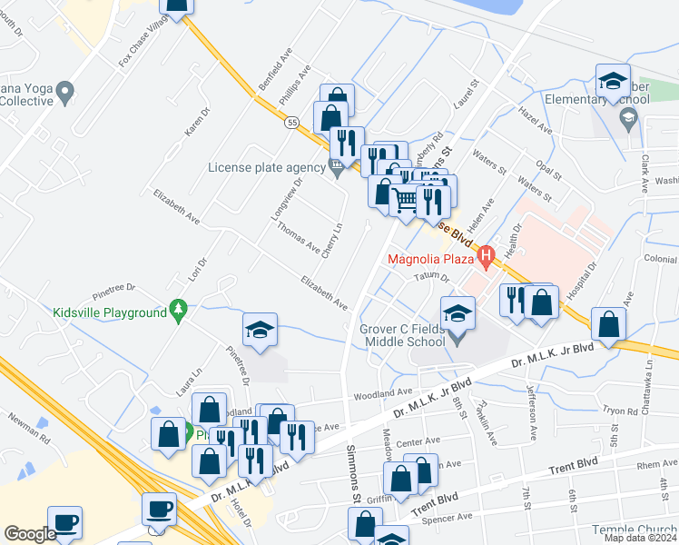 map of restaurants, bars, coffee shops, grocery stores, and more near 1005 Kings Way in New Bern