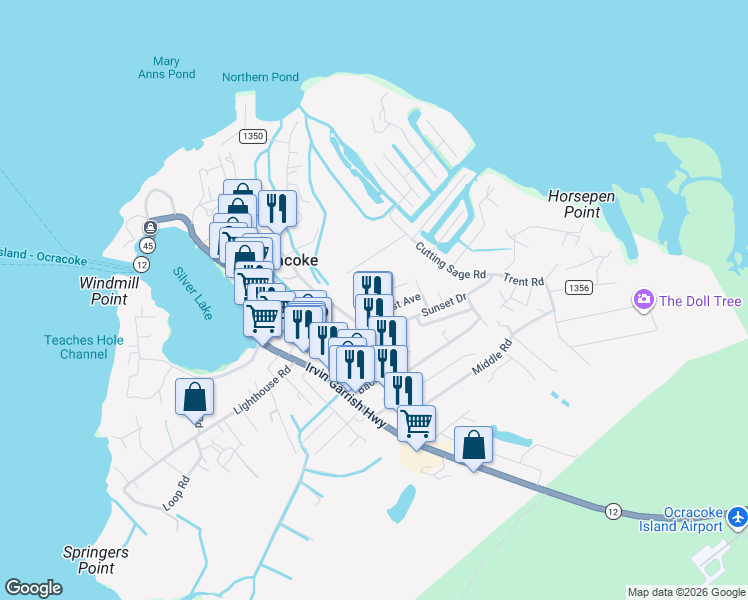 map of restaurants, bars, coffee shops, grocery stores, and more near 142 2nd Avenue in Ocracoke