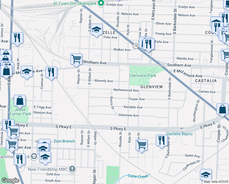 map of restaurants, bars, coffee shops, grocery stores, and more near 1642 Netherwood Avenue in Memphis
