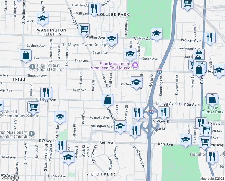 map of restaurants, bars, coffee shops, grocery stores, and more near 1228 Phillips Place in Memphis